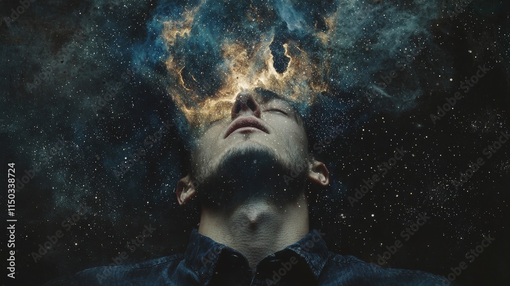 Poster surreal cosmic portrait of a dissolving face galaxy background digital art dark environment creative