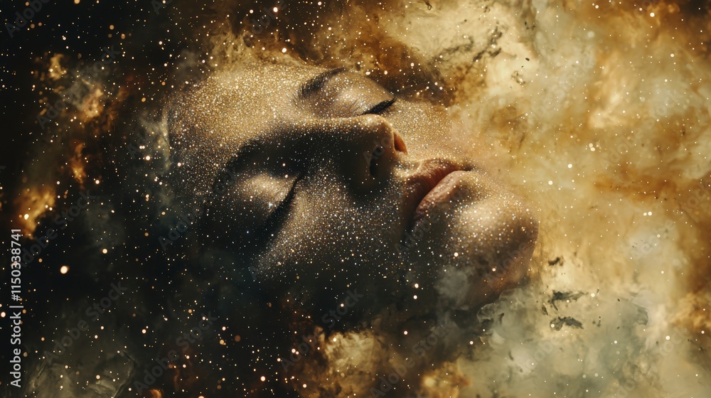 Poster surreal cosmic portrait of a dissolving face in a celestial landscape mystical space digital art dre