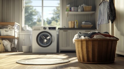 Cozy laundry room filled with fresh clothes.