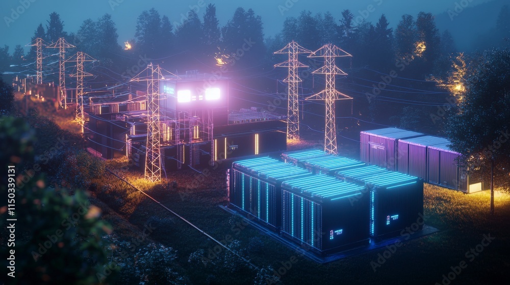 Poster smart grid visualization power station digital art nighttime aerial view energy distribution concept