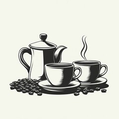 Coffee Pot Two Cups And Coffee Beans A Still Life