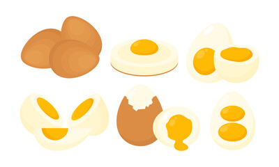Set of Eggs Flat Illustration. Organic Farm Eggs in Different Forms. Cooked Eggs, Boiled, Fried, Raw and Pan Eggs Collection