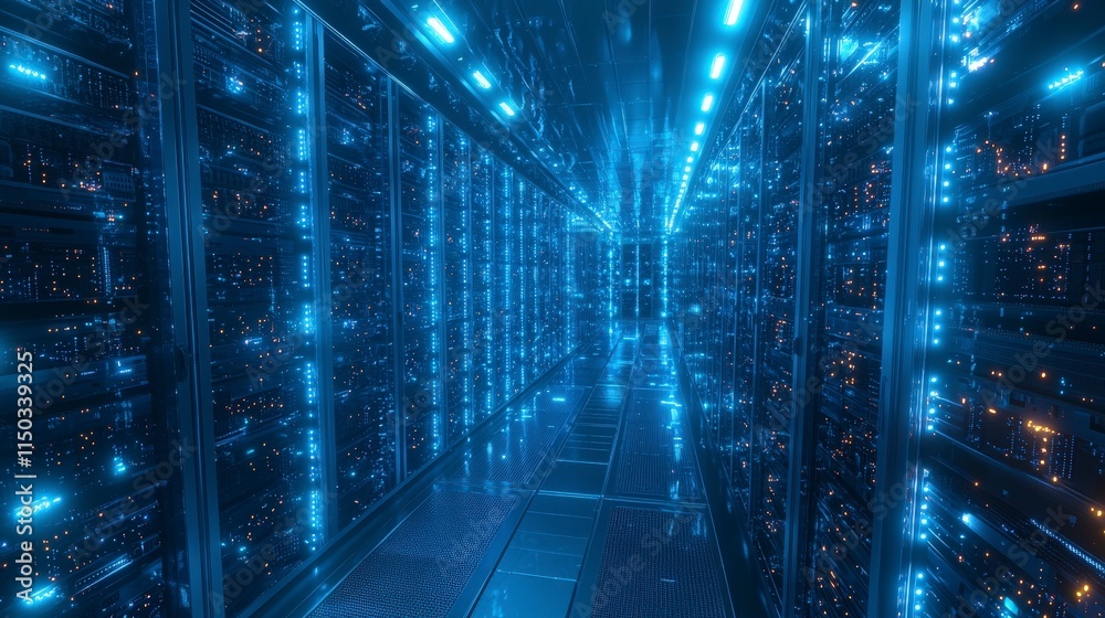 Poster futuristic data center with glowing lights urban location technology showcase high-tech environment 