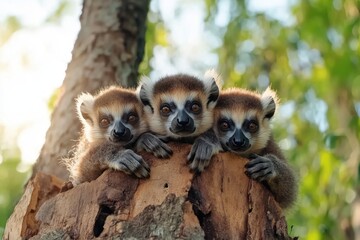 Obraz premium Witness the captivating social behavior of lemurs in Madagascar as they form a cohesive group, a beautiful representation of unity in nature Explore the vibrant natural elements that highlight this