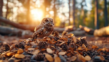 Fototapeta premium Witness the enchanting dance of an owl shadow cast on forest floor, blending seamlessly with the serene woodland environment This silent hunter in action is a master of camouflage, its presence felt