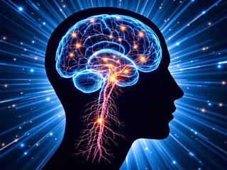 Silhouette of a human head with an illuminated brain and neural network, depicting cognitive activity.
