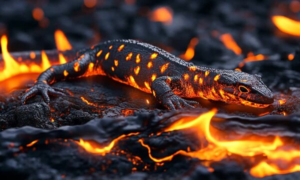 A salamander with glowing spots rests on a lava flow, showcasing a fiery, surreal landscape.