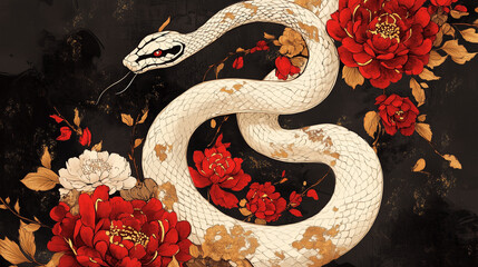 Snake illustration in a yin-yang pose with red and gold floral accents Chinese zodiac, year of the snake