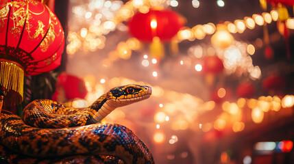 Playful snake surrounded by festive decorations, including lanterns and fireworks Chinese zodiac, year of the snake