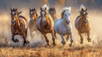 Obraz premium Majestic Horses Galloping Through Misty Landscape