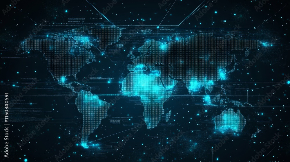 Poster digital representation of the world map with glowing points and grid patterns illustrating global co