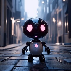 A futuristic robot in a city with glowing pink eyes and a glossy black-and-white body standing on a wet cobblestone street in a moody, dimly-lit urban setting