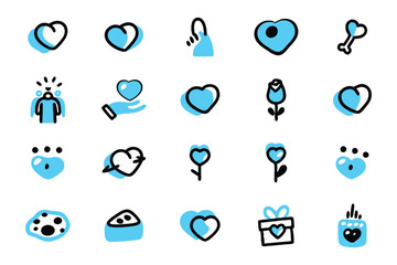 A set of simple, hand-drawn icons featuring various representations of love and hearts.