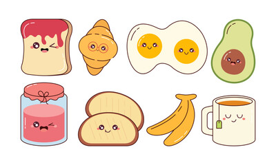 Hand-Drawn Cute Breakfast Food Collection. Kawaii Food Character Doodle Concept for Stickers, Cards, Decorations, and Others 