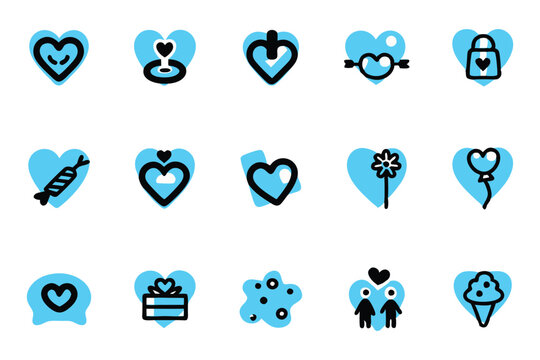 A collection of 16 simple, hand-drawn-style icons featuring various heart-themed objects and actions.