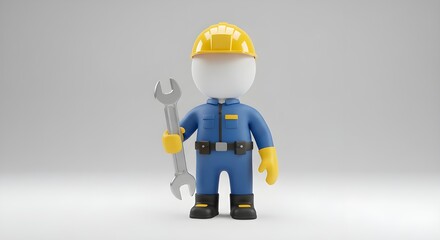 "3D Cartoon Construction Worker with Hard Hat and Wrench: Industrial Maintenance Icon for Workplace Safety"