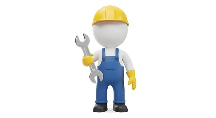 "3D Cartoon Construction Worker with Hard Hat and Wrench: Industrial Maintenance Icon for Workplace Safety"