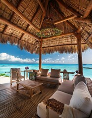 Obraz premium Cozy luxurious interior of a hut on a tropical island, vacation in the Maldives
