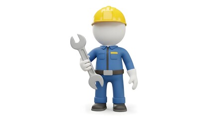"3D Cartoon Construction Worker with Hard Hat and Wrench: Industrial Maintenance Icon for Workplace Safety"