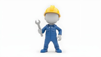 "3D Cartoon Construction Worker with Hard Hat and Wrench: Industrial Maintenance Icon for Workplace Safety"