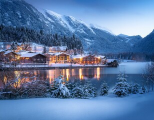 Obraz premium Generated image Cozy mountain village covered in snow, illuminated by warm lights