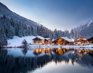 Fototapeta premium Generated image Cozy mountain village covered in snow, illuminated by warm lights
