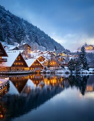Generated image Cozy mountain village covered in snow, illuminated by warm lights