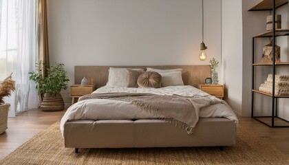 Generated image Cozy Scandinavian bedroom featuring a platform bed with simple, clean lines, soft linens