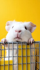 Obraz premium A close-up of a guinea pig peeking over the edge of its cage against a bright yellow background.