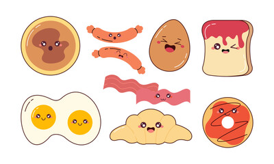 Hand-Drawn Cute Breakfast Food Collection. Kawaii Food Character Doodle Concept for Stickers, Cards, Decorations, and Others 
