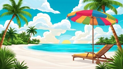 Tropical Beach Paradise with Lounge Chair and Umbrella, Illustrated Scenic View of a Serene Tropical Island, Idyllic Summer Vacation Spot with Palm Trees and White Sand