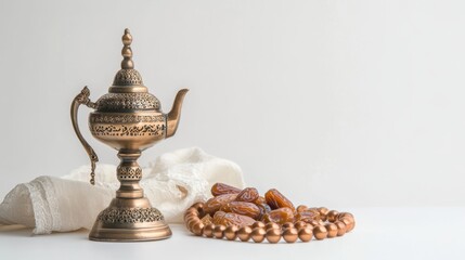 Muslim lamp, dates and prayer beads on table against white background