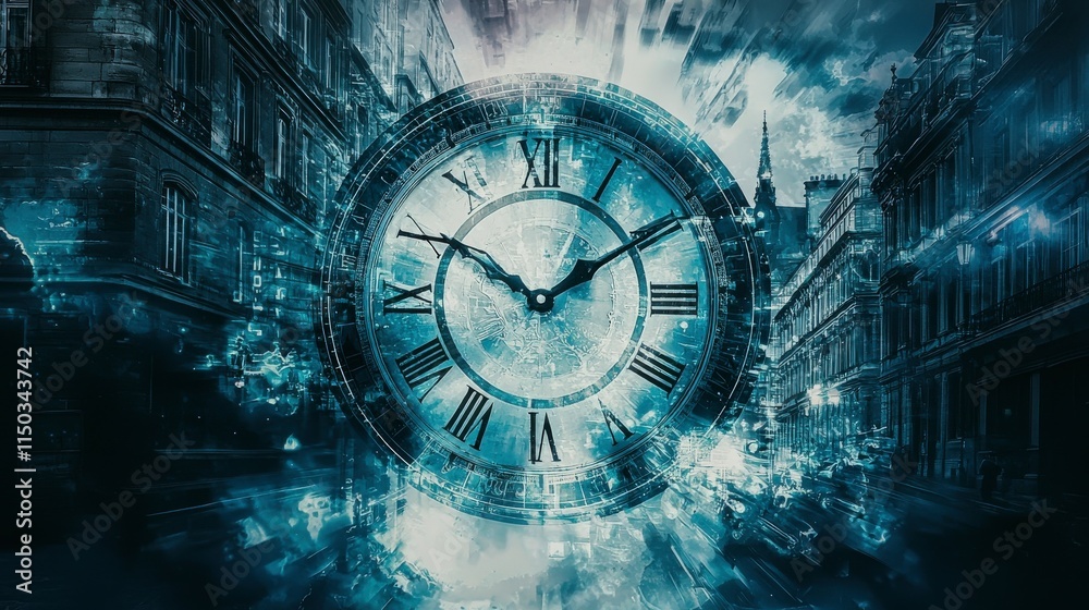 Poster Translucent clock face shifting images in urban landscape artistic digital creation timeless concept dynamic view