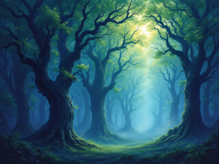 A mystical forest path with glowing lanterns, mossy trees, and ethereal atmosphere.