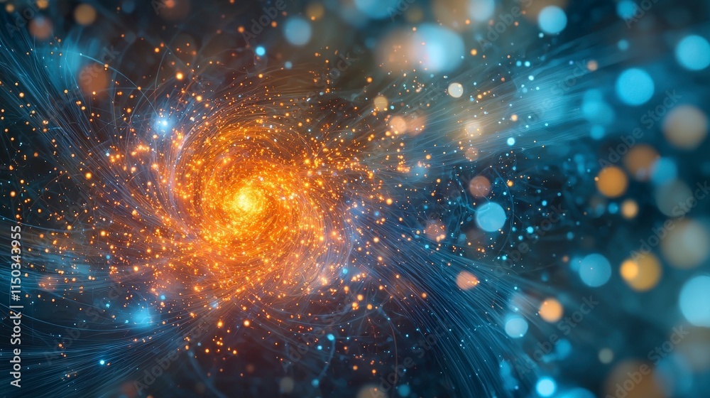 Poster Vibrant digital visualization of swirling cosmic particles creating abstract art in a futuristic space environment