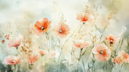 Soft watercolor florals in pastel tones, subtly scattered across a pale grayish-white background,