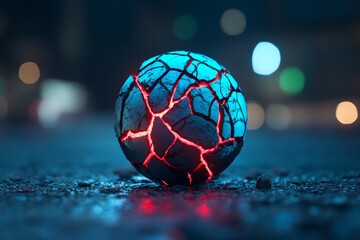 Naklejka premium A haunting depiction of Earth cracked and glowing ominously with red veins, set in a smoky, apocalyptic scene