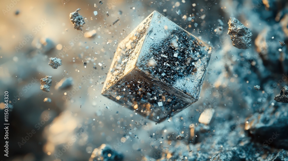 Fototapete Cube disintegrating into particles abstract setting digital art dynamic environment close-up view conceptual visualization