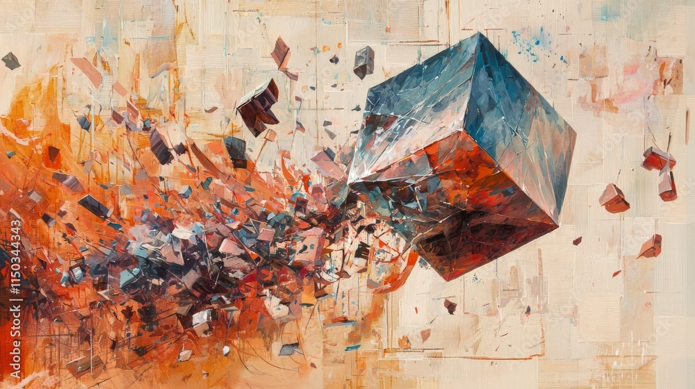 Poster dramatic cube shattering midair abstract art creative studio colorful environment dynamic perspectiv