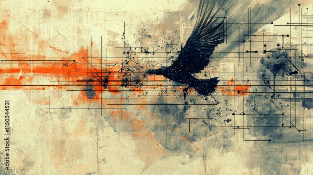 Fototapete dynamic bird in flight disrupts digital grid abstract art modern environment captivating viewpoint c