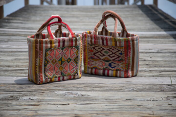 fashion bag made of rugs, tote bag, long island background beach scene