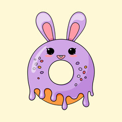 Bunny donut, sweet dessert with cute face. Colorful flat vector illustration