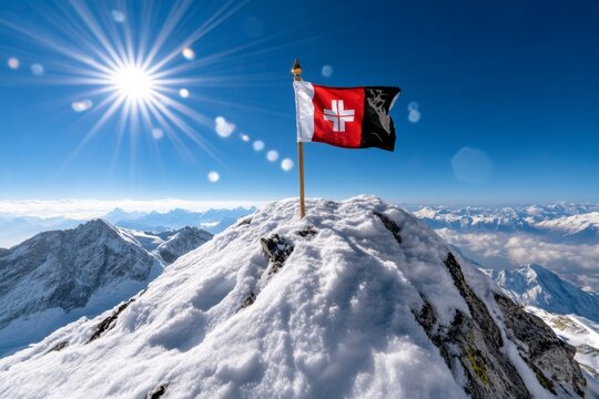 A hyper-realistic image of a flag planted on a mountain peak, with tiny details like snow particles and reflections from the sun