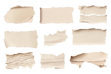 Fototapeta premium Collection Of Torn Beige Paper Pieces On Black Background, on transparent background