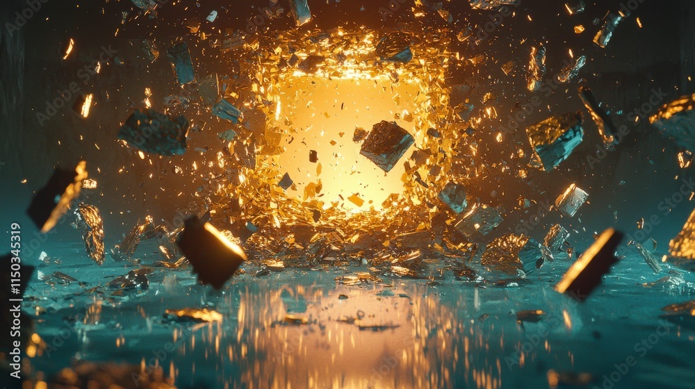 Aufkleber crumbling foundation fragments glowing amidst chaos abstract environment digital art vibrant atmosph