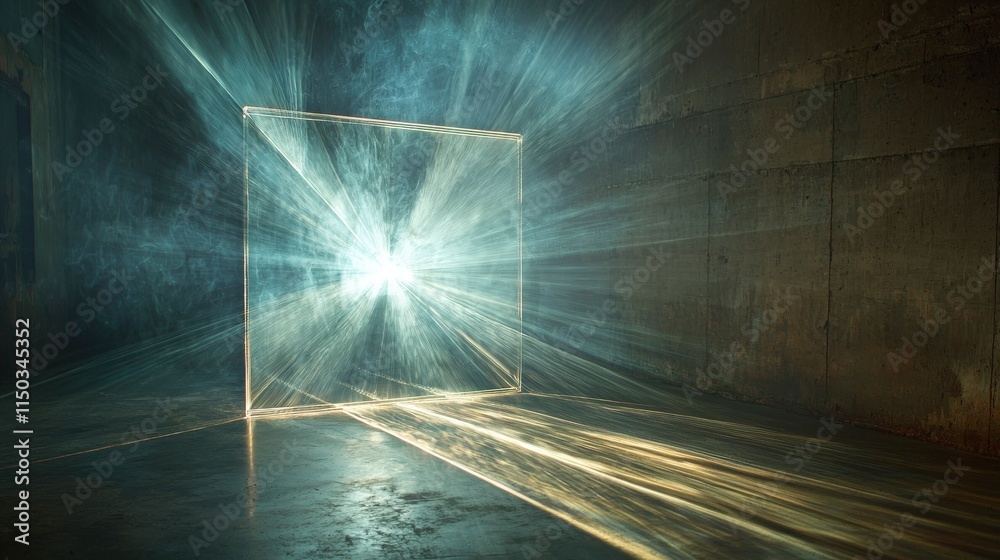 Poster Dynamic light streaks emanating from a dissolving frame in an industrial space abstract art ethereal environment