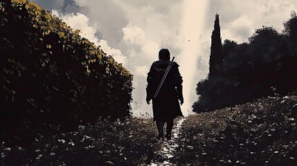 Fototapeta premium Silhouette of a Warrior Walking a Path Towards Light, Surrounded by Lush Foliage and Trees, Under a Cloudy Sky.