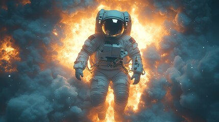 An astronaut floating in clouds represents space travel, future discovery, and the wonders of the galaxy in a sci-fi universe