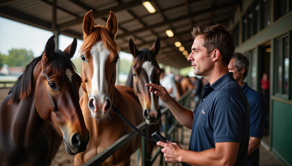 Man interacting with horses in a stable.