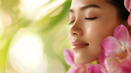 Fototapeta premium A serene woman with closed eyes, surrounded by vibrant pink orchids, embodies tranquility and natural beauty.